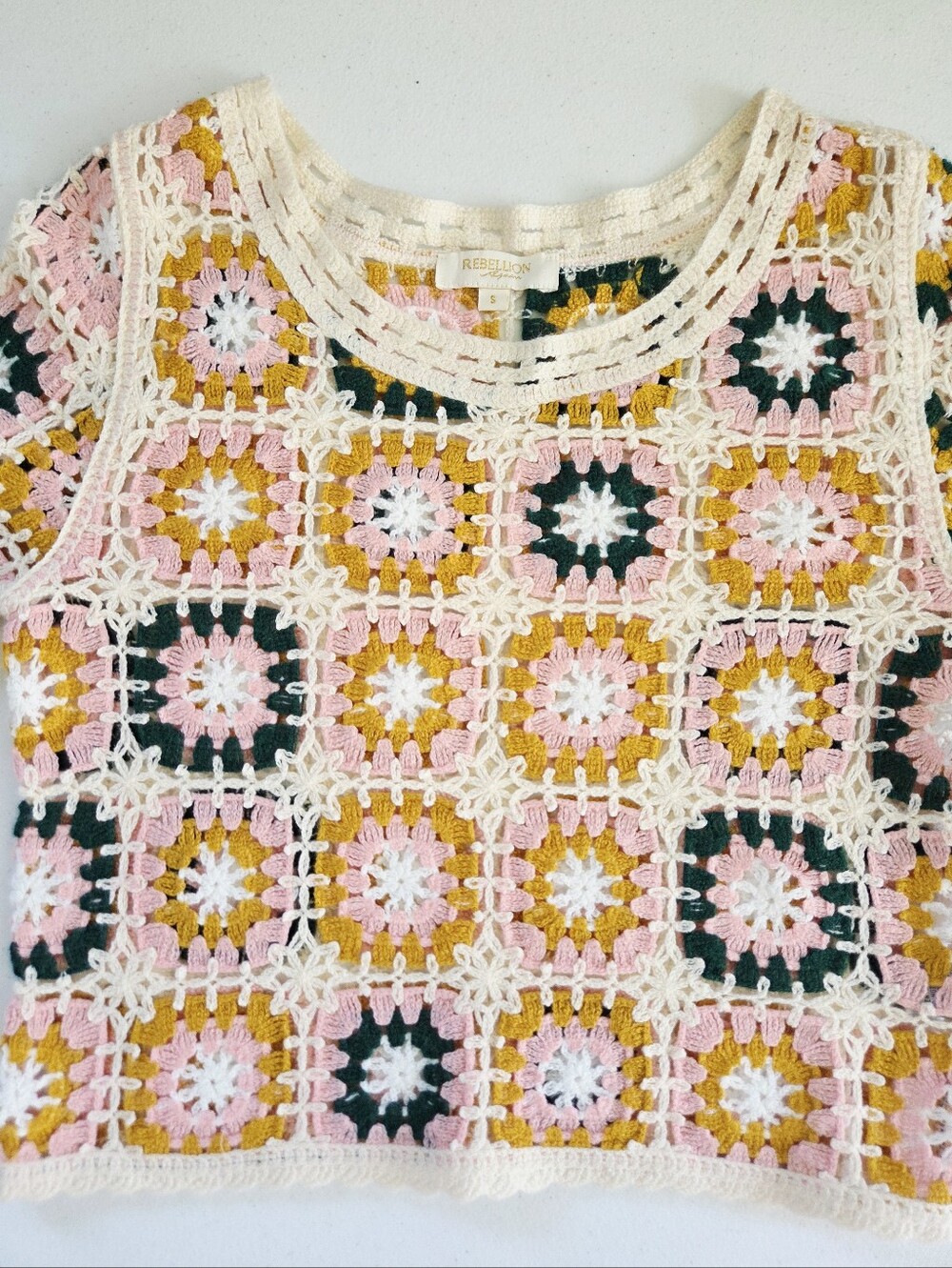 Rebellian Again Boho Crochet Sweater Cream, Mustard, Pink, Dk Green small - Picture 5 of 10